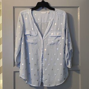 Light blue and silver polka dot top